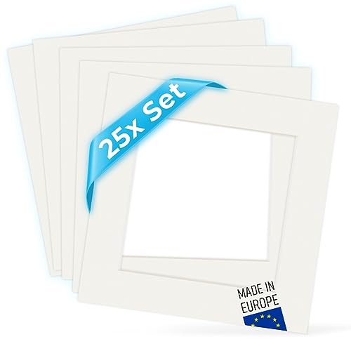 PHOTOLINI Passepartout 20x20 aussen für 14x14 innen, 25x säurefrei 1,5 mm Passepartout Karton Creme-Weiß, alterungsbeständige Schrägschnitt - Passepartouts, Präsentation & Schutz von Bildern und Fotos von PHOTOLINI
