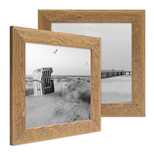 PHOTOLINI Bilderrahmen 20x20 cm Holz Eiche-Optik, 2er Set Echtholz-Rahmen rustikal, Strandhaus, Made in Germany, Echtglas, zum Aufhängen, extra Zubehör - Treibholzlook mit einem Hauch Küstenflair von PHOTOLINI