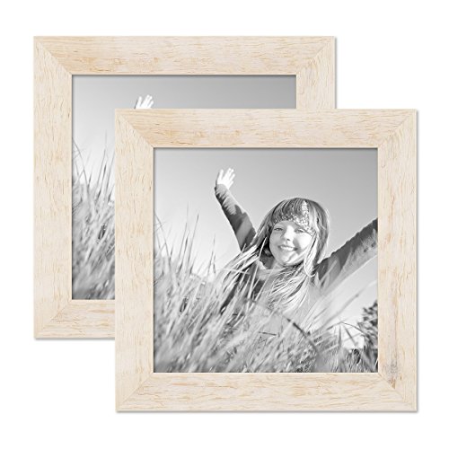 PHOTOLINI Bilderrahmen 20x20 cm Holz Weiß, 2er Set Echtholz-Rahmen rustikal, Strandhaus, Made in Germany, Echtglas, zum Aufhängen, extra Zubehör - Treibholzlook mit einem Hauch Küstenflair von PHOTOLINI