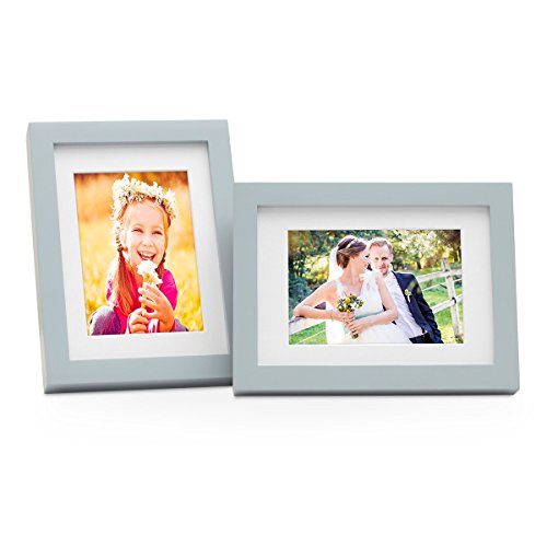 PHOTOLINI 2er Bilderrahmen-Set Modern Tief Massivholz Grau 15x20 cm mit Passepartout 10x15 cm, Glasscheibe von PHOTOLINI