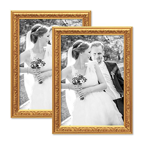 PHOTOLINI 2er Set Bilderrahmen Antik Gold Nostalgie 21x30 cm DIN A4 Fotorahmen mit Glasscheibe/Kunststoff-Rahmen von PHOTOLINI