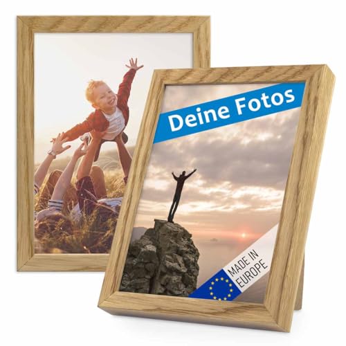 PHOTOLINI Bilderrahmen mit Foto selber gestalten, Fotorahmen 13x18 cm Holz Eiche personalisiert mit Bild, Holzrahmen Made in EU, 2er Set, bruchsicheres Acrylglas, zum Aufhängen & Aufstellen von PHOTOLINI