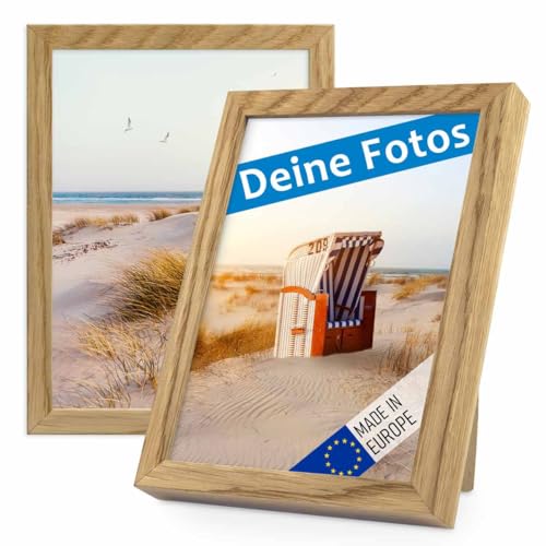 PHOTOLINI Bilderrahmen mit Foto selber gestalten, Fotorahmen 15x20 cm Holz Eiche personalisiert mit Bild, Holzrahmen Made in EU, 2er Set, bruchsicheres Acrylglas, zum Aufhängen & Aufstellen von PHOTOLINI