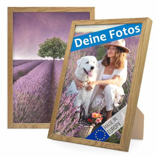 PHOTOLINI Bilderrahmen mit Foto selber gestalten, Fotorahmen A4 21x30 cm Holz Eiche personalisiert mit Bild, Holzrahmen Made in EU, 2er Set, bruchsicheres Acrylglas, zum Aufhängen & Aufstellen von PHOTOLINI