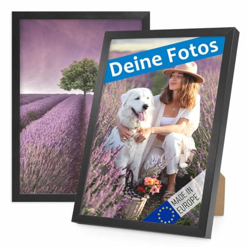 PHOTOLINI Bilderrahmen mit Foto selber gestalten, Fotorahmen A4 21x30 cm Holz Schwarz personalisiert mit Bild, Holzrahmen Made in EU, 2er Set, bruchsicheres Acrylglas, zum Aufhängen & Aufstellen von PHOTOLINI