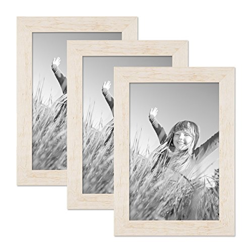 PHOTOLINI Bilderrahmen 20x30 cm Holz Weiß, 3er Set Echtholz-Rahmen rustikal, Strandhaus, Made in Germany, Echtglas, zum Aufhängen, extra Zubehör - Treibholzlook mit einem Hauch Küstenflair von PHOTOLINI