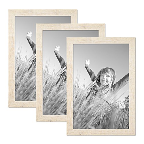 PHOTOLINI Bilderrahmen 30x40 cm Holz Weiß, 3er Set Echtholz-Rahmen rustikal, Strandhaus, Made in Germany, Echtglas, zum Aufhängen, extra Zubehör - Treibholzlook mit einem Hauch Küstenflair von PHOTOLINI