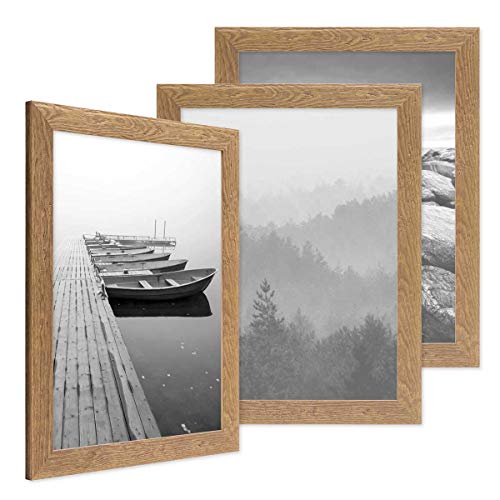 PHOTOLINI Bilderrahmen 30x45 cm Holz Eiche-Optik, 3er Set Echtholz-Rahmen rustikal, Strandhaus, Made in Germany, Echtglas, zum Aufhängen, extra Zubehör - Treibholzlook mit einem Hauch Küstenflair von PHOTOLINI