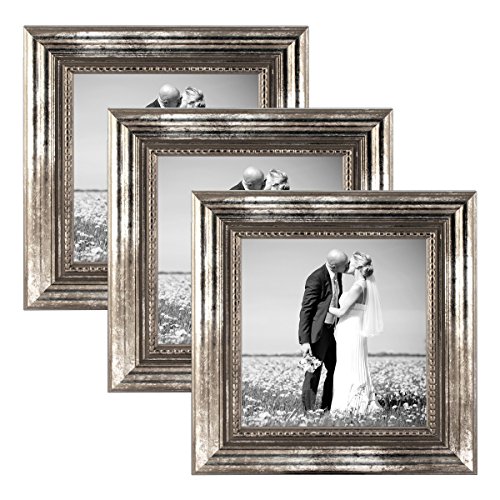 PHOTOLINI 3er Set Bilderrahmen 15x15 cm Silber Barock Antik Massivholz mit Glasscheibe und Zubehör/Fotorahmen/Barock-Rahmen von PHOTOLINI