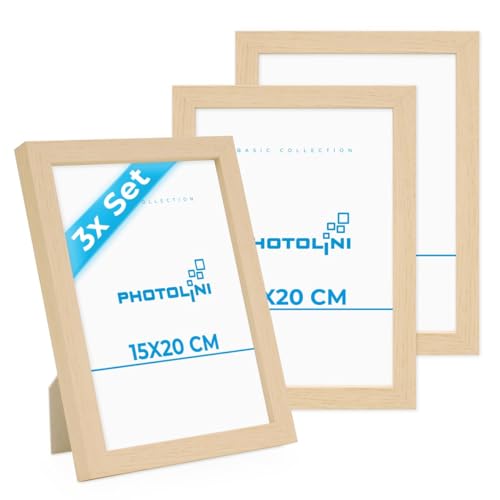 PHOTOLINI Bilderrahmen 15x20 Holz MDF Natur, 3er Set Bilderrahmen 20x15, Picture Frame mit Acrylglas, Fotorahmen 15x20 zum Aufhängen & Aufstellen, Rahmen 15 x 20 cm mit Zubehör für Fotos & Poster von PHOTOLINI