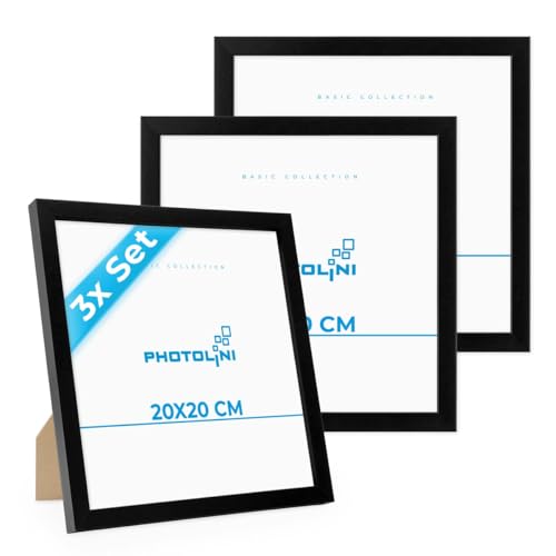 PHOTOLINI Bilderrahmen 20x20 Schwarz MDF-Holz, 3er Set Poster-Rahmen, bruchsicheres Acrylglas, zum Aufhängen & Aufstellen, extra Zubehör - für Fotos & Poster von PHOTOLINI