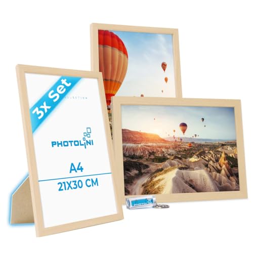 PHOTOLINI Bilderrahmen A4 Holz MDF Natur, 3er Set DIN A4 Bilderrahmen 21x30 cm, bruchsicheres Acrylglas, picture frame zum Aufhängen & Aufstellen, Rahmen mit Zubehör 30x21 für Fotos & Poster von PHOTOLINI
