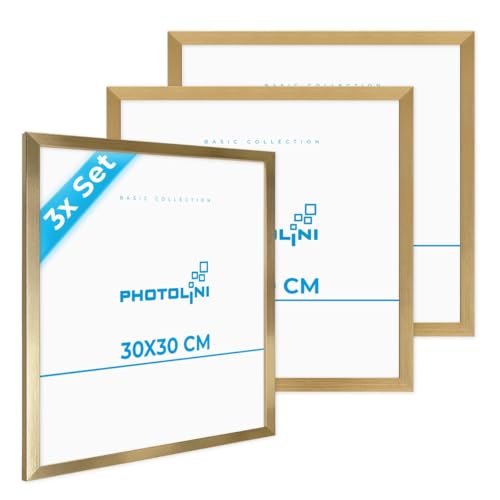 PHOTOLINI Bilderrahmen 30x30 Gold MDF-Holz, 3er Set Poster-Bilderrahmen quadratisch 30x30, bruchsicheres Acrylglas, zum Aufhängen, extra Zubehör - für Fotos & Poster von PHOTOLINI