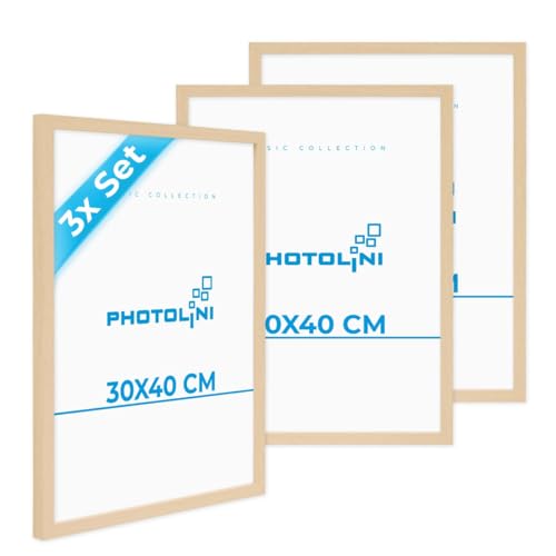 PHOTOLINI Bilderrahmen 30x40 Holz MDF Natur, 3er Set Bilderrahmen 40x30 cm, Picture Frame mit bruchsicherem Acrylglas, Rahmen 30 x 40 zum Aufhängen, extra Zubehör - Rahmen 30x40 für Fotos & Poster von PHOTOLINI