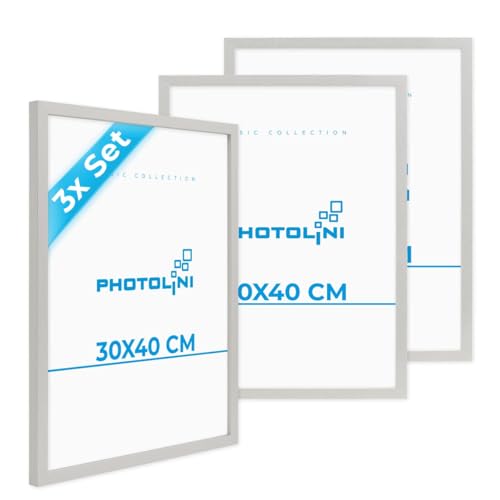 PHOTOLINI Bilderrahmen 30x40 Holz MDF Silber, 3er Set Bilderrahmen 40x30 cm, Picture Frame mit bruchsicherem Acrylglas, Rahmen 30 x 40 zum Aufhängen, extra Zubehör - Rahmen 30x40 für Fotos & Poster von PHOTOLINI