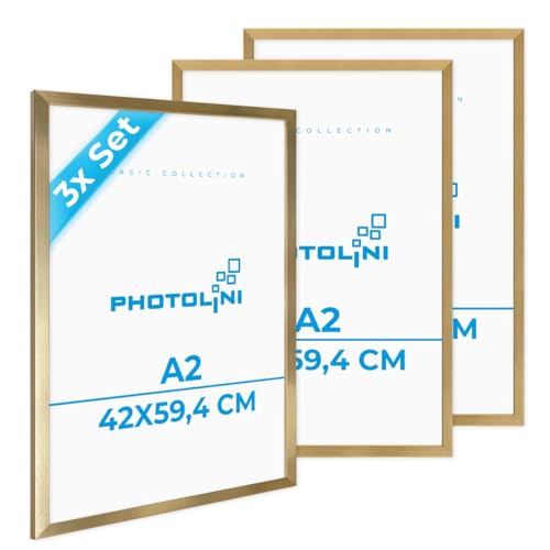 PHOTOLINI Bilderrahmen A2 Holz MDF Gold, 3er Set Picture Frame Rahmen 42x59,4 mit bruchsicherem Acrylglas, DIN A2 Bilderrahmen 42x60 zum Aufhängen, mit Zubehör - A 2 Frames für Fotos & Poster PHOTOLINI Bilderrahmen A2 Holz MDF Gold, 3er Set Picture Frame Rahmen 42x59,4 mit bruchsicherem Acrylglas, DIN A2 Bilderrahmen 42x60 zum Aufhängen, mit Zubehör - A 2 Frames für Fotos & Poster von PHOTOLINI