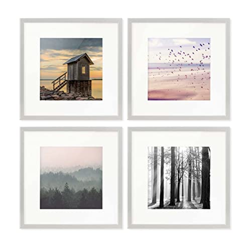 PHOTOLINI Bilderrahmen 30x30 cm Silber MDF-Holz, 4er Set Posterrahmen mit Passepartout, bruchsicheres Acrylglas, zum Aufhängen, extra Zubehör - für Fotos, Bilder & Poster von PHOTOLINI