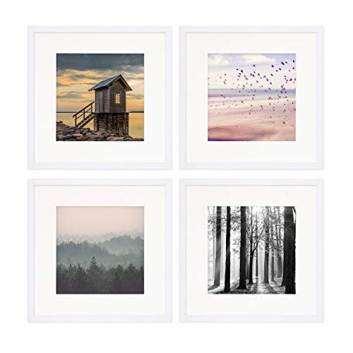 PHOTOLINI Bilderrahmen 30x30 cm Weiß MDF-Holz, 4er Set Posterrahmen mit Passepartout, bruchsicheres Acrylglas, zum Aufhängen, extra Zubehör - für Fotos, Bilder & Poster von PHOTOLINI