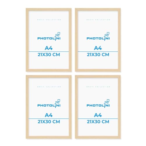 PHOTOLINI Bilderrahmen A4 Holz MDF Natur, 4er Set DIN A4 Bilderrahmen 21x30 cm, bruchsicheres Acrylglas, picture frame zum Aufhängen & Aufstellen, Rahmen mit Zubehör 30x21 für Fotos & Poster von PHOTOLINI