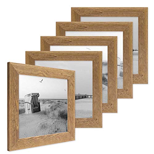 PHOTOLINI 5er Bilderrahmen-Set 15x15 cm Strandhaus Rustikal Eiche-Optik Natur Massivholz mit Glasscheibe inkl. Zubehör/Fotorahmen von PHOTOLINI