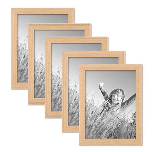 PHOTOLINI Bilderrahmen 15x20 cm Holz Natur Landhaus-Stil, 5er Set Holz-Rahmen, Made in Germany, Echtglas, zum Aufhängen & Aufstellen, mit Zubehör - perfekt für Familienfotos & Urlaubsbilder von PHOTOLINI