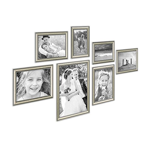 PHOTOLINI 7er Bilderrahmen-Collage Silber Barock Antik aus Kunststoff inklusive Zubehör/Foto-Collage/Bildergalerie/Bilderrahmen-Set von PHOTOLINI