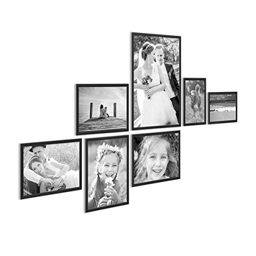 PHOTOLINI Alu-Bilderrahmen-Set Schwarz schmal, 7er Set Metall-Rahmen aus Aluminium, bruchsicheres Acrylglas, zum Aufhängen & Aufstellen, extra Zubehör, modernes Design für Poster & Fotos von PHOTOLINI