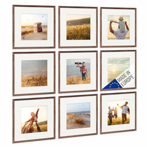 PHOTOLINI Bilderrahmen 30x30 cm Holz Eiche Dunkel mit Passepartout, Holzrahmen Made in EU, 9er Set, bruchsicheres Acrylglas, zum Aufhängen, extra Zubehör - für Ihre liebsten Fotos & Bilder von PHOTOLINI