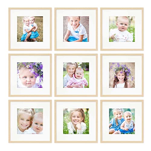 PHOTOLINI Bilderrahmen 30x30 Natur Holz MDF, 9er Set Bilderrahmen quadratisch 30x30, Foto Rahmen mit Passepartout zum Aufhängen, Rahmen 30 x 30 mit Acrylglas & Zubehör - für Fotos & Poster von PHOTOLINI