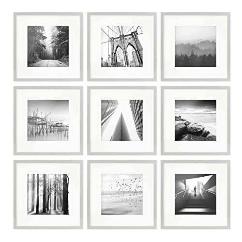 PHOTOLINI Bilderrahmen 30x30 cm Silber MDF-Holz, 9er Set Posterrahmen mit Passepartout, bruchsicheres Acrylglas, zum Aufhängen, extra Zubehör - für Fotos, Bilder & Poster von PHOTOLINI