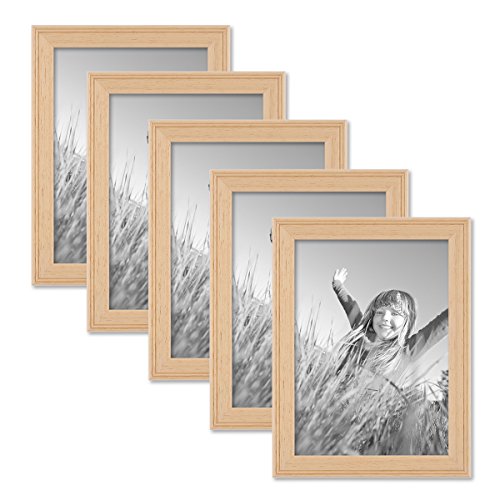 PHOTOLINI Bilderrahmen 13x18 cm Holz Natur Landhaus-Stil, 5er Set Holz-Rahmen, Made in Germany, Echtglas, zum Aufhängen & Aufstellen, mit Zubehör - perfekt für Familienfotos & Urlaubsbilder von PHOTOLINI