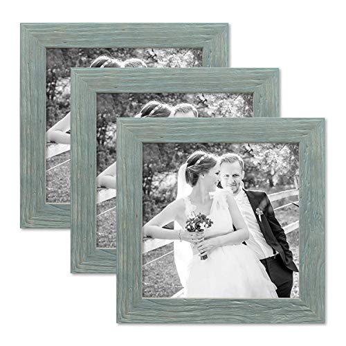 PHOTOLINI Bilderrahmen 20x20 cm Holz Blau, 3er Set Echtholz-Rahmen rustikal, Strandhaus, Made in Germany, Echtglas, zum Aufhängen, extra Zubehör - Treibholzlook mit einem Hauch Küstenflair von PHOTOLINI