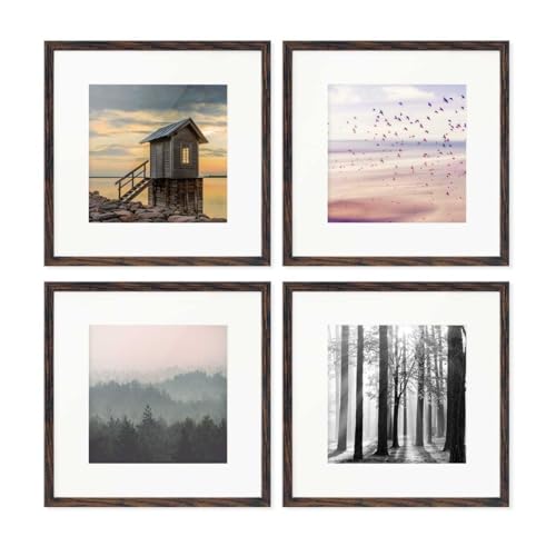 PHOTOLINI Bilderrahmen 30x30 cm MDF-Holz Eiche Dunkel, 4er Set Posterrahmen mit Passepartout, bruchsicheres Acrylglas, zum Aufhängen, extra Zubehör - für Fotos, Bilder & Poster von PHOTOLINI