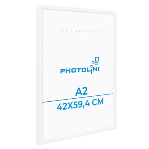 PHOTOLINI Bilderrahmen A2 Weiß Holz MDF, Picture Frame Rahmen 42x59,4 mit bruchsicherem Acrylglas, DIN A2 Bilderrahmen weiß 42x60 zum Aufhängen, mit Zubehör - A 2 Frames für Fotos & Poster von PHOTOLINI