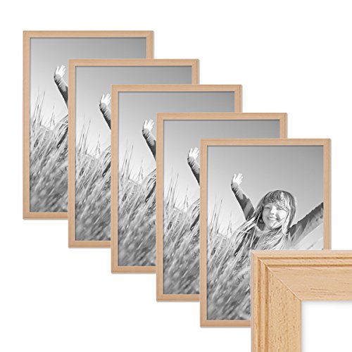 PHOTOLINI Bilderrahmen A3 30x42 cm Holz Natur Landhaus-Stil, 5er Set Holz-Rahmen, Made in Germany, Echtglas, zum Aufhängen, mit Zubehör - perfekt für Familienfotos & Urlaubsbilder von PHOTOLINI