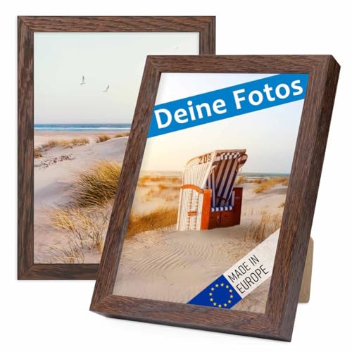 PHOTOLINI Bilderrahmen mit Foto selber gestalten, Fotorahmen 15x20 cm Holz Eiche dunkel personalisiert mit Bild, Holzrahmen Made in EU, 2er Set, bruchsicheres Acrylglas, zum Aufhängen & Aufstellen von PHOTOLINI