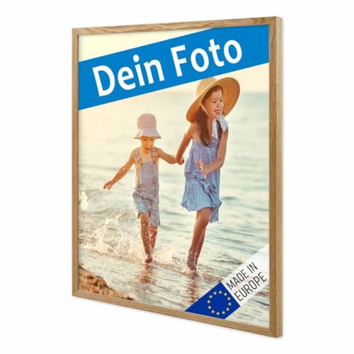 PHOTOLINI Bilderrahmen mit Foto selber gestalten, Fotorahmen 40x50 cm Holz Eiche personalisiert mit Bild, Holzrahmen Made in EU, bruchsicheres Acrylglas, zum Aufhängen von PHOTOLINI