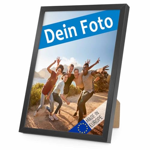 PHOTOLINI Bilderrahmen mit Foto selber gestalten, Fotorahmen A4 21x30 cm Holz Schwarz personalisiert mit Bild, Holzrahmen Made in EU, bruchsicheres Acrylglas, zum Aufhängen & Aufstellen von PHOTOLINI