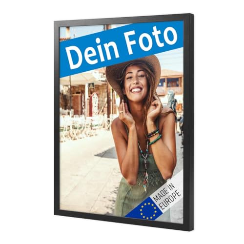 PHOTOLINI Bilderrahmen mit Foto selber gestalten, Fotorahmen 30x40 cm Holz Schwarz personalisiert mit Bild, Holzrahmen Made in EU, bruchsicheres Acrylglas, zum Aufhängen von PHOTOLINI