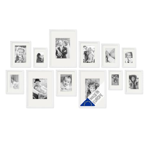 PHOTOLINI Echtholz-Bilderrahmen-Set mit Passepartout, 12er Rahmenset, Weiß, Holzrahmen Made in EU, bruchsicheres Acrylglas, zum Aufhängen, extra Zubehör - für Fotos & Bilder von PHOTOLINI