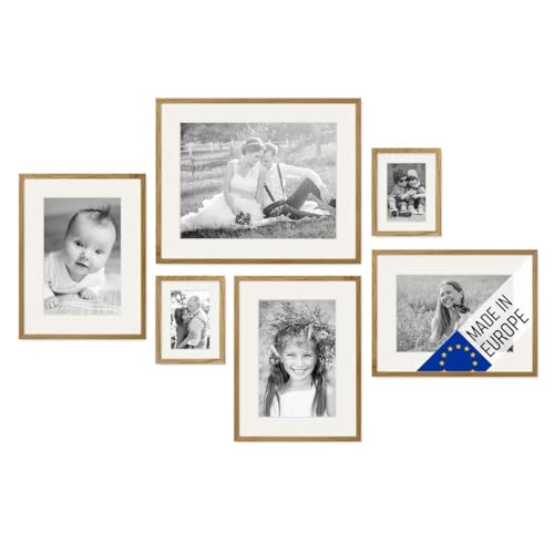 PHOTOLINI Echtholz-Bilderrahmen-Set mit Passepartout, 6er Rahmenset, Eiche, Holzrahmen Made in EU, bruchsicheres Acrylglas, zum Aufhängen, extra Zubehör - für Fotos & Bilder von PHOTOLINI