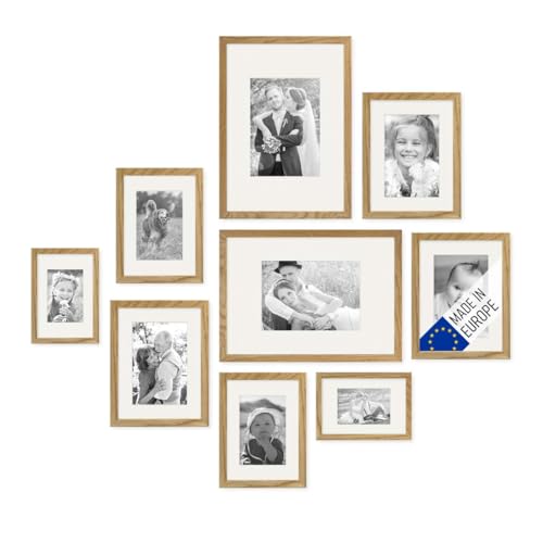 PHOTOLINI Echtholz-Bilderrahmen-Set mit Passepartout, 9er Rahmenset, Eiche, Holzrahmen Made in EU, bruchsicheres Acrylglas, zum Aufhängen, extra Zubehör - für Fotos & Bilder von PHOTOLINI