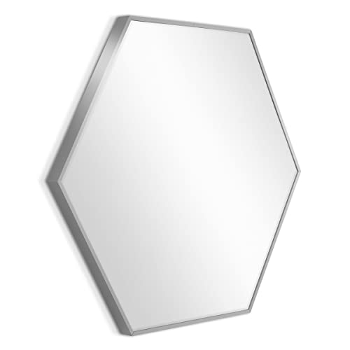 PHOTOLINI Badezimmer Spiegel sechseckig Silber 50 cm mit Metallrahmen, Bad Spiegel Hexagon, Silberner Wandspiegel zum Aufhängen, Dekoratives Highlight für Flur, Garderobe und Gäste WC von PHOTOLINI