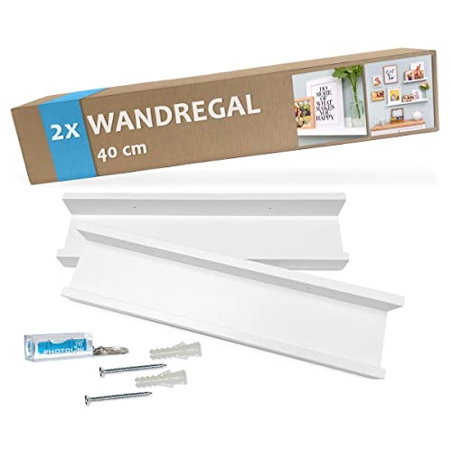 PHOTOLINI Wandregal stabiles MDF-Holz Weiß 40 cm, Schweberegal, 2er Set, modernes Design, Bilderleiste für Fotos, Poster & Deko-Objekte zur flexiblen Gestaltung, U-Form, einfaches Anbringen von PHOTOLINI