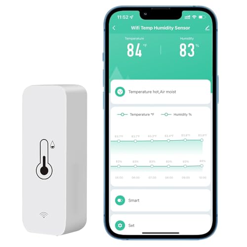 PHOVOLT WLAN Hygrometer Thermometer Sensor, kabelloser intelligenter Temperatur und Feuchtigkeitsmonitor mit Remote App Benachrichtigungsalarm, für Zuhause, Gewächshaus (1 Stück) von PHOVOLT