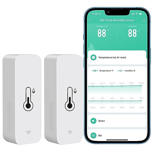 PHOVOLT WLAN Hygrometer Thermometer Sensor, kabelloser intelligenter Temperatur und Feuchtigkeitsmonitor mit Remote App Benachrichtigungsalarm, für Zuhause, Gewächshaus (2 Stück) von PHOVOLT
