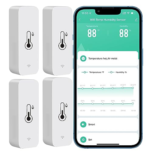 PHOVOLT WLAN Hygrometer Thermometer Sensor, kabelloser intelligenter Temperatur und Feuchtigkeitsmonitor mit Remote App Benachrichtigungsalarm, für Zuhause, Gewächshaus (4 Stück) von PHOVOLT