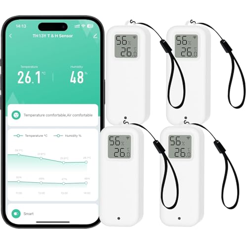 PHOVOLT WLAN-Thermometer-Hygrometer-Sensor mit Digitalanzeige, kabelloser intelligenter Temperatur- und Feuchtigkeitsmonitor mit Benachrichtigungsalarm per Remote-App für Zuhause, Gewächshaus (4pack) von PHOVOLT