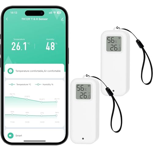 PHOVOLT WLAN-Thermometer-Hygrometer-Sensor mit Digitalanzeige, kabelloser intelligenter Temperatur- und Feuchtigkeitsmonitor mit Benachrichtigungsalarm per Remote-App für Zuhause, Gewächshaus (2pack) von PHOVOLT