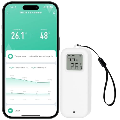 PHOVOLT WLAN-Thermometer-Hygrometer-Sensor mit Digitalanzeige, kabelloser intelligenter Temperatur- und Feuchtigkeitsmonitor mit Benachrichtigungsalarm per Remote-App für Zuhause, Gewächshaus (1pack) von PHOVOLT
